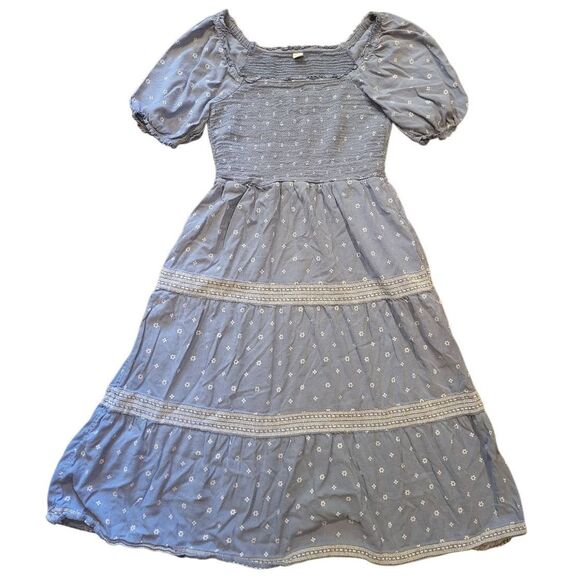 Old Navy Dress Women's Medium Blue Puff Sleeve Smocked Midi Chambray Block Print - Picture 3 of 6